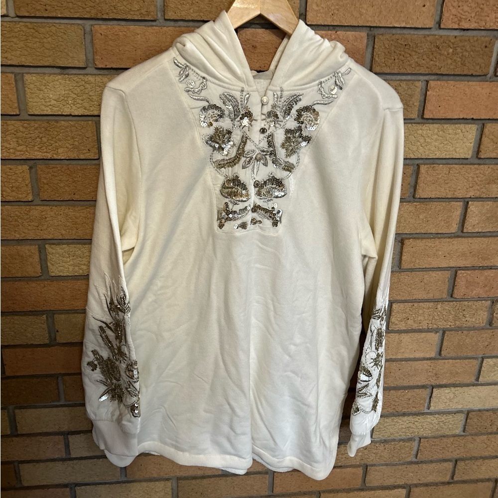 NWT Soft Surroundings Oversized Hooded Sweater with Floral Sequins Ivory Size M